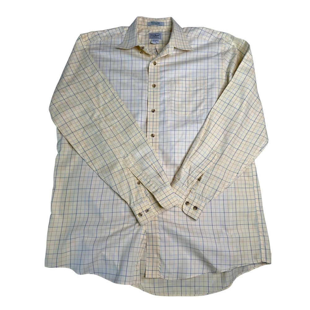 LL Bean Mens L Tall Yellow Blue Tattersall Check Wrinkle Free Button Down Shirt